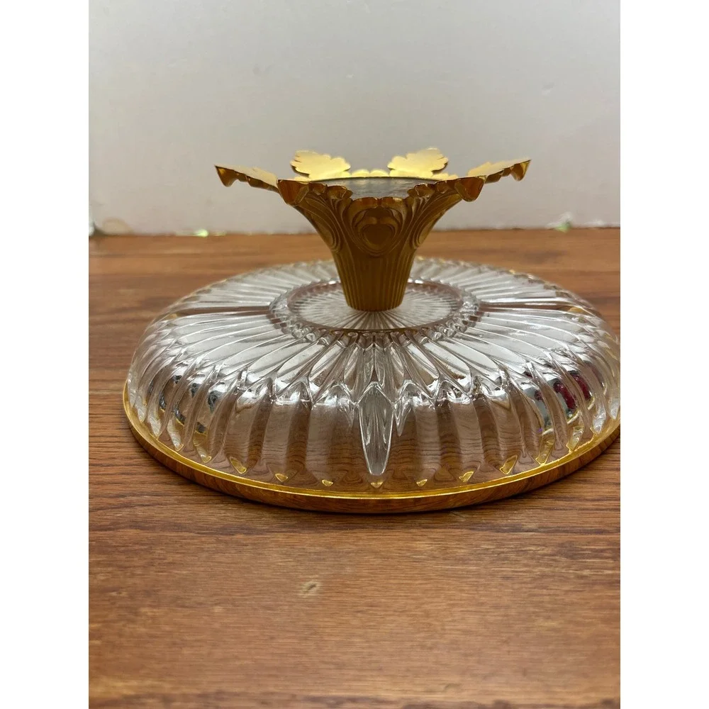 Vintage Cut Glass‎ 3 Section Candy Dish Gold Rim Ornate Footed Pedestal Base